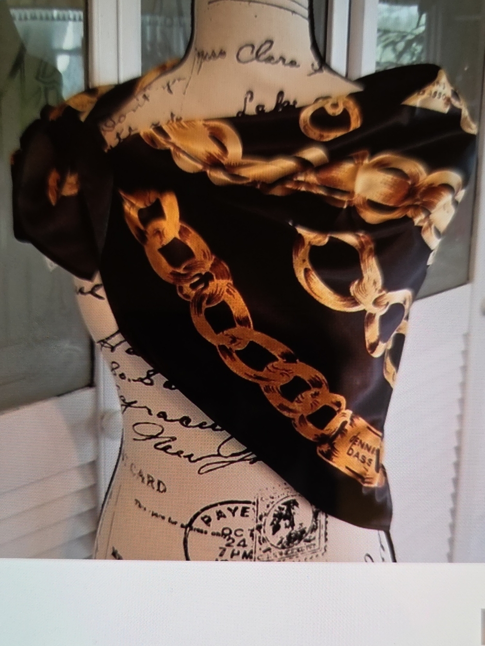 Black and Gold Chain Print Silk Scarf - Designer Style
